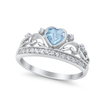 Heart Crown Ring Eternity Simulated Aquamarine CZ 925 Sterling Silver